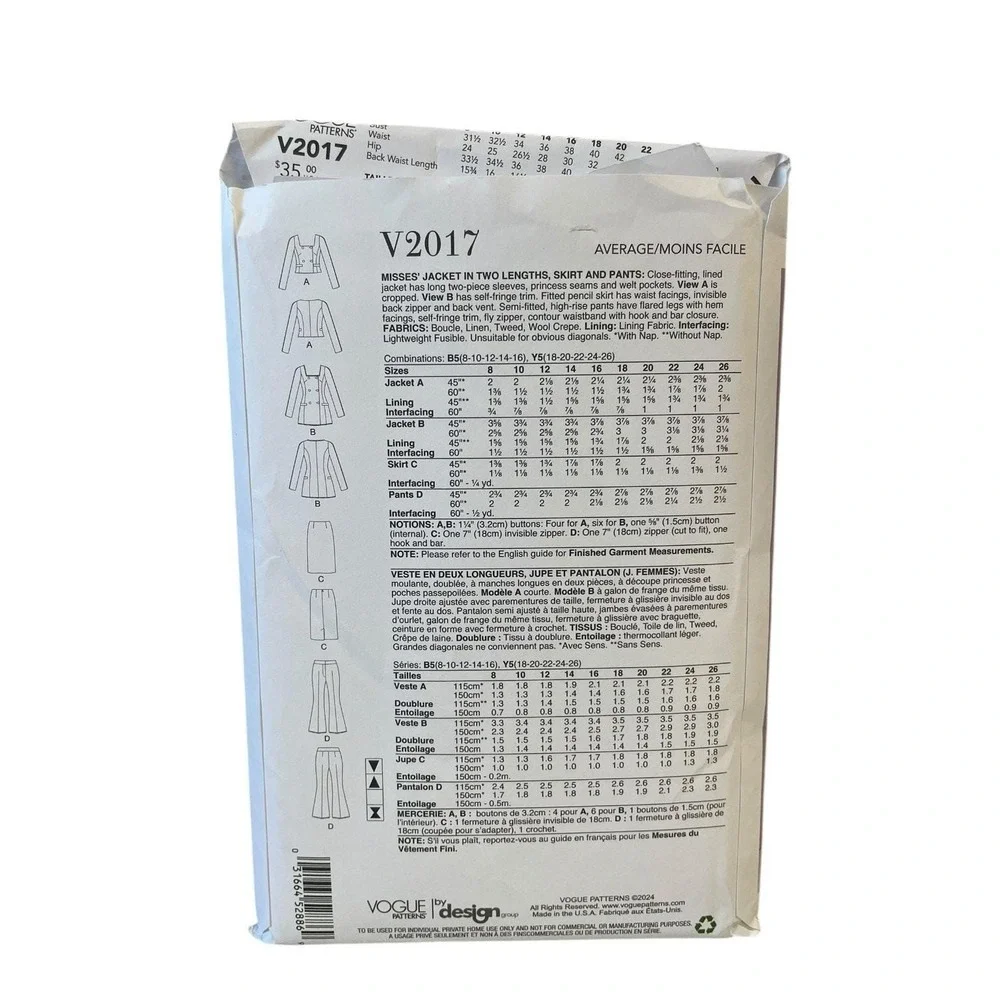 Vogue Patterns V2017‎ Misses Jacket Skirt Pants Size 8-16